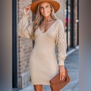 Cupshe Crochet V-Neck Mini Sweater Dress M/Apricot